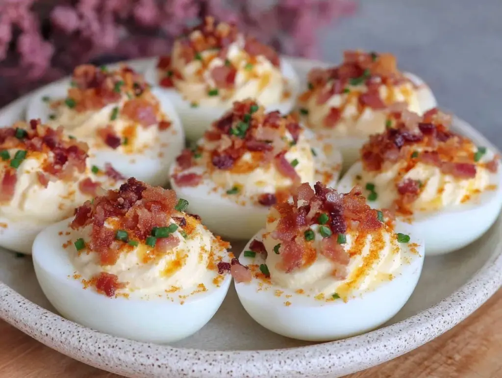 crispy classic deviled eggs with bacon bits - featured image