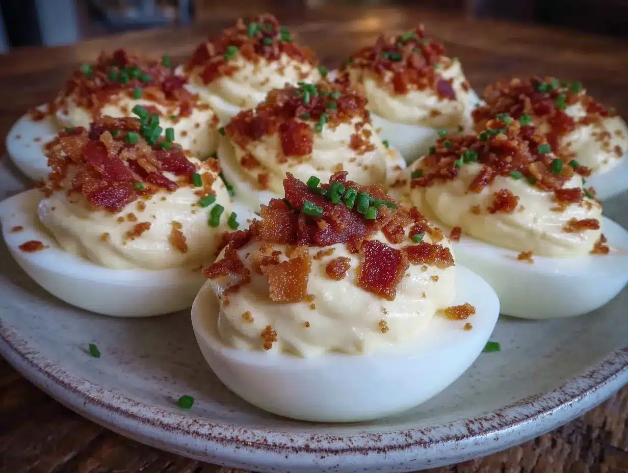 crispy classic deviled eggs with bacon bits preparation steps