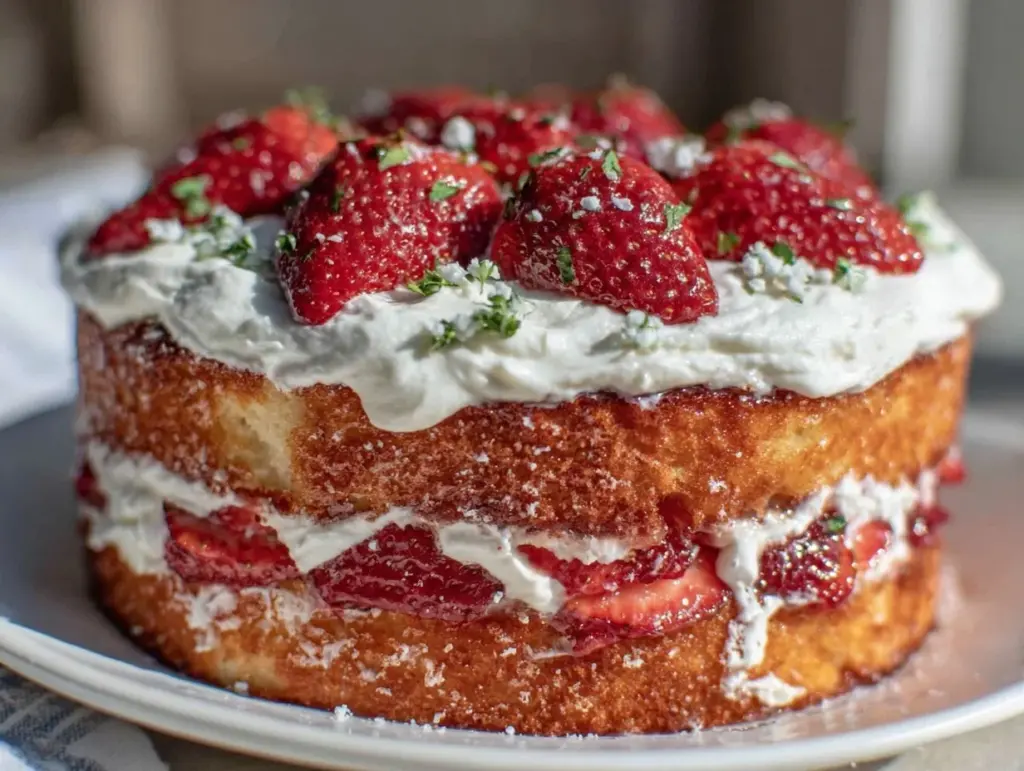 heart-shaped strawberry shortcake layer cake - featured image