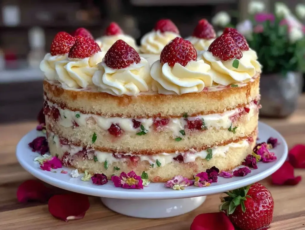 strawberry rose champagne cake - featured image
