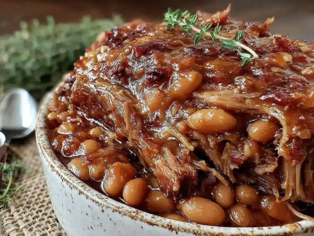 cozy crockpot baked beans with pulled pork - featured image