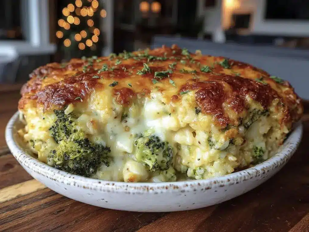 creamy cheesy broccoli rice casserole - featured image