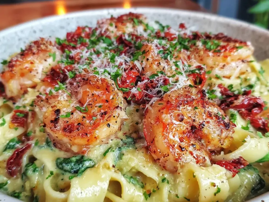 creamy garlic tuscan shrimp pasta - featured image