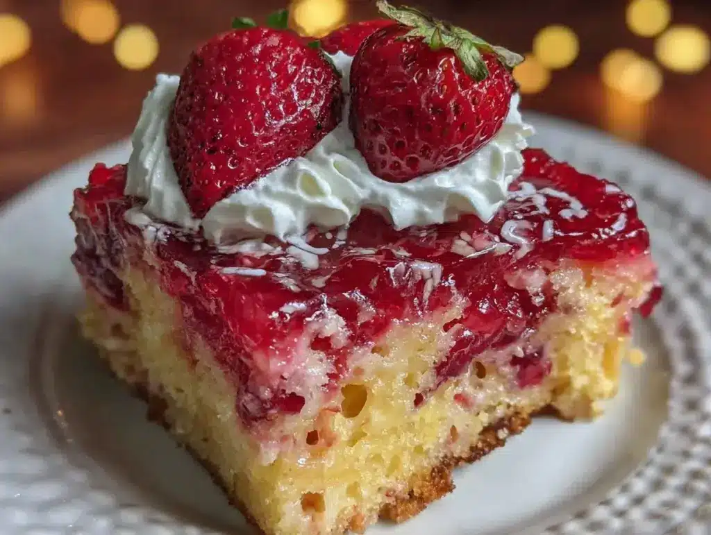 creamy strawberry jello poke cake - featured image