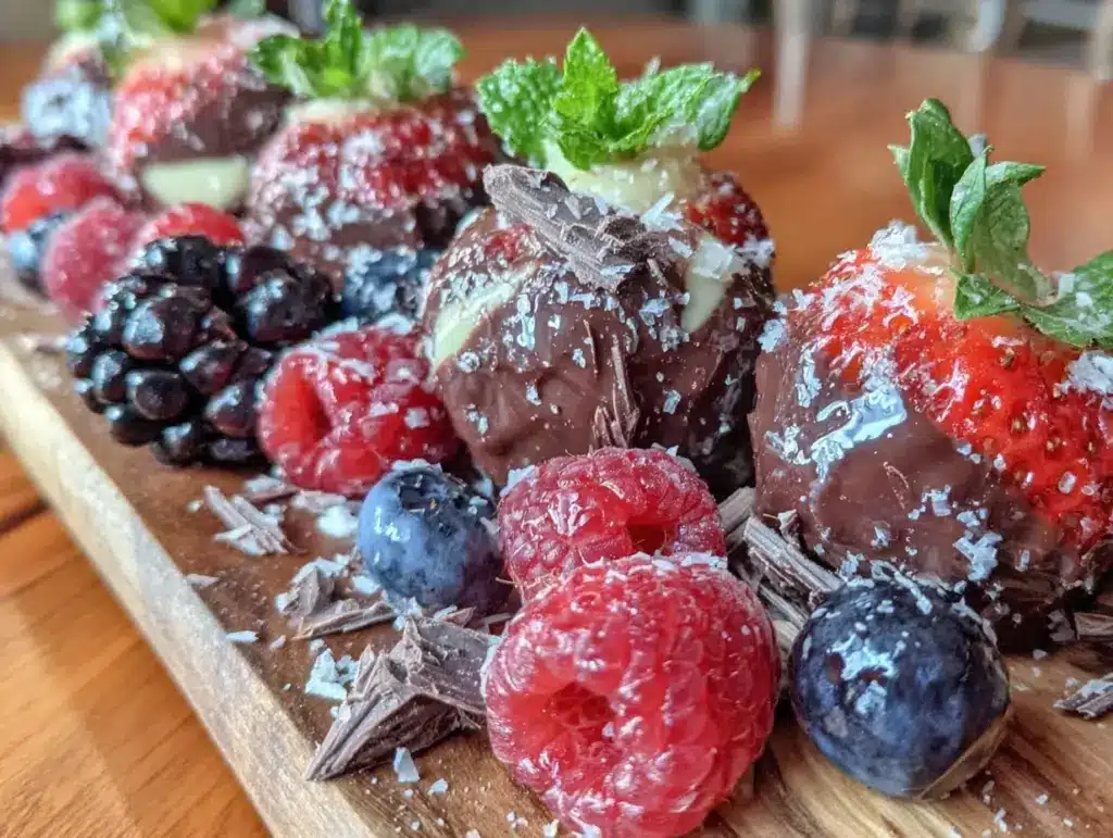 dessert charcuterie board with chocolate and berries - featured image