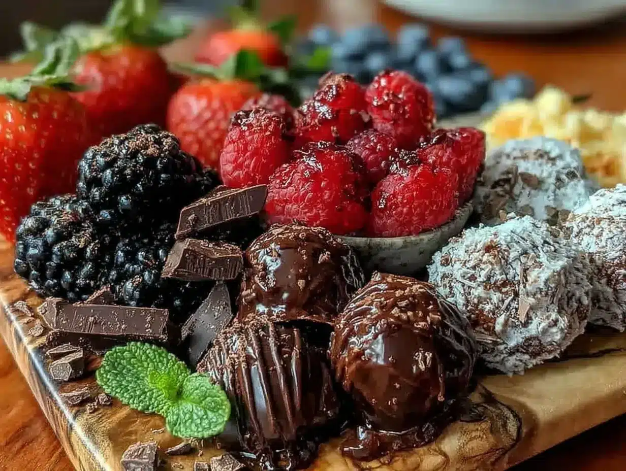 dessert charcuterie board with chocolate and berries preparation steps