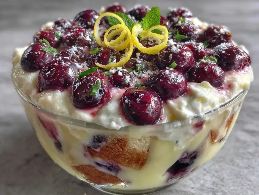 easy creamy lemon blueberry trifle - featured image