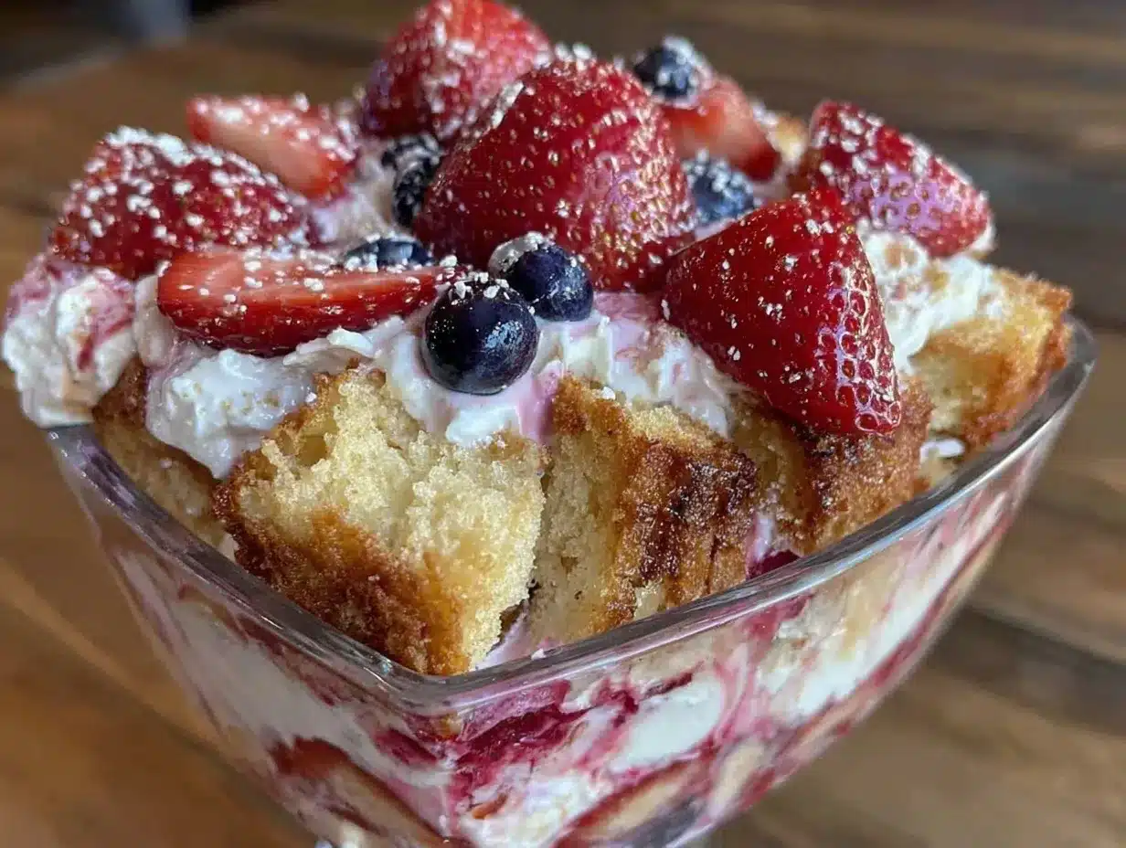 fresh red white and blue strawberry shortcake trifle preparation steps