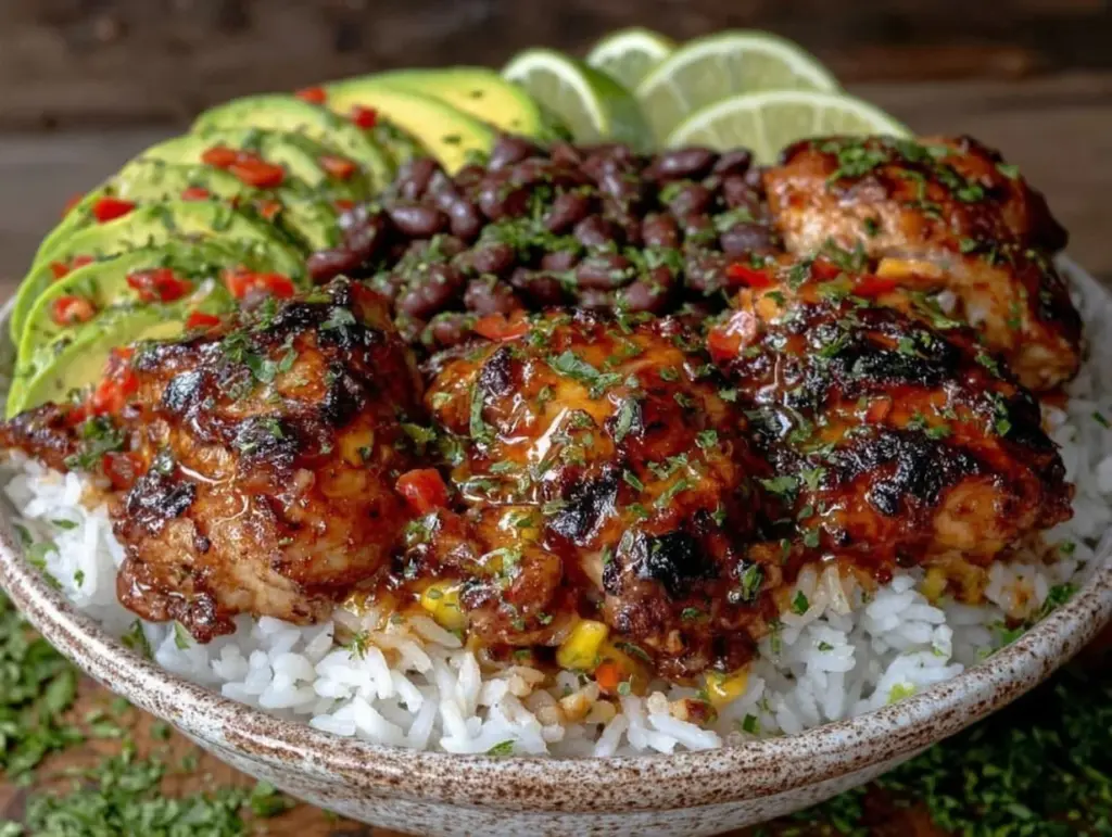 healthy comida bowls de pollo con arroz y frijoles - featured image