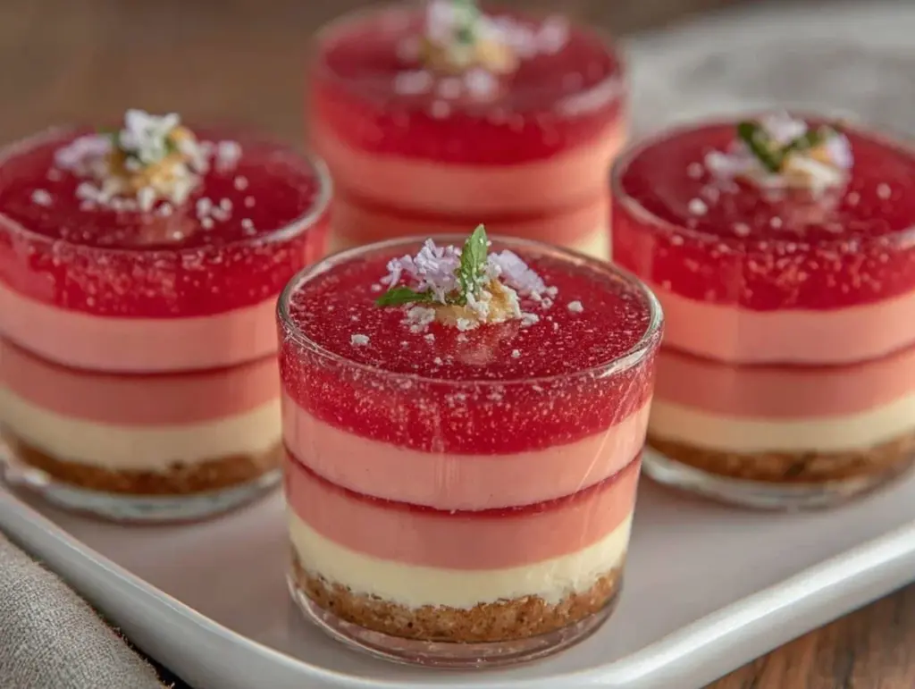 pink gelatin jello layered dessert cups - featured image