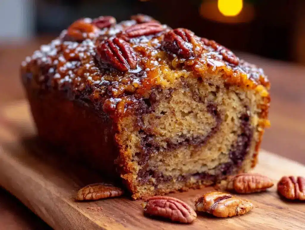 brown butter cinnamon pecan swirl banana bread - featured image