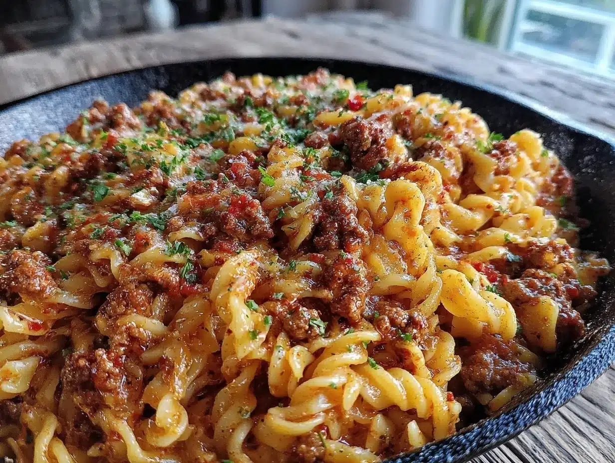 creamy ground beef skillet pasta preparation steps