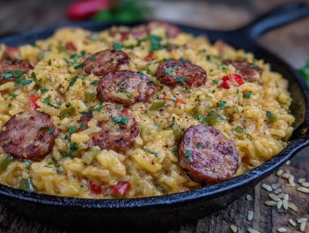 creamy one-skillet cajun sausage and rice dinner - featured image