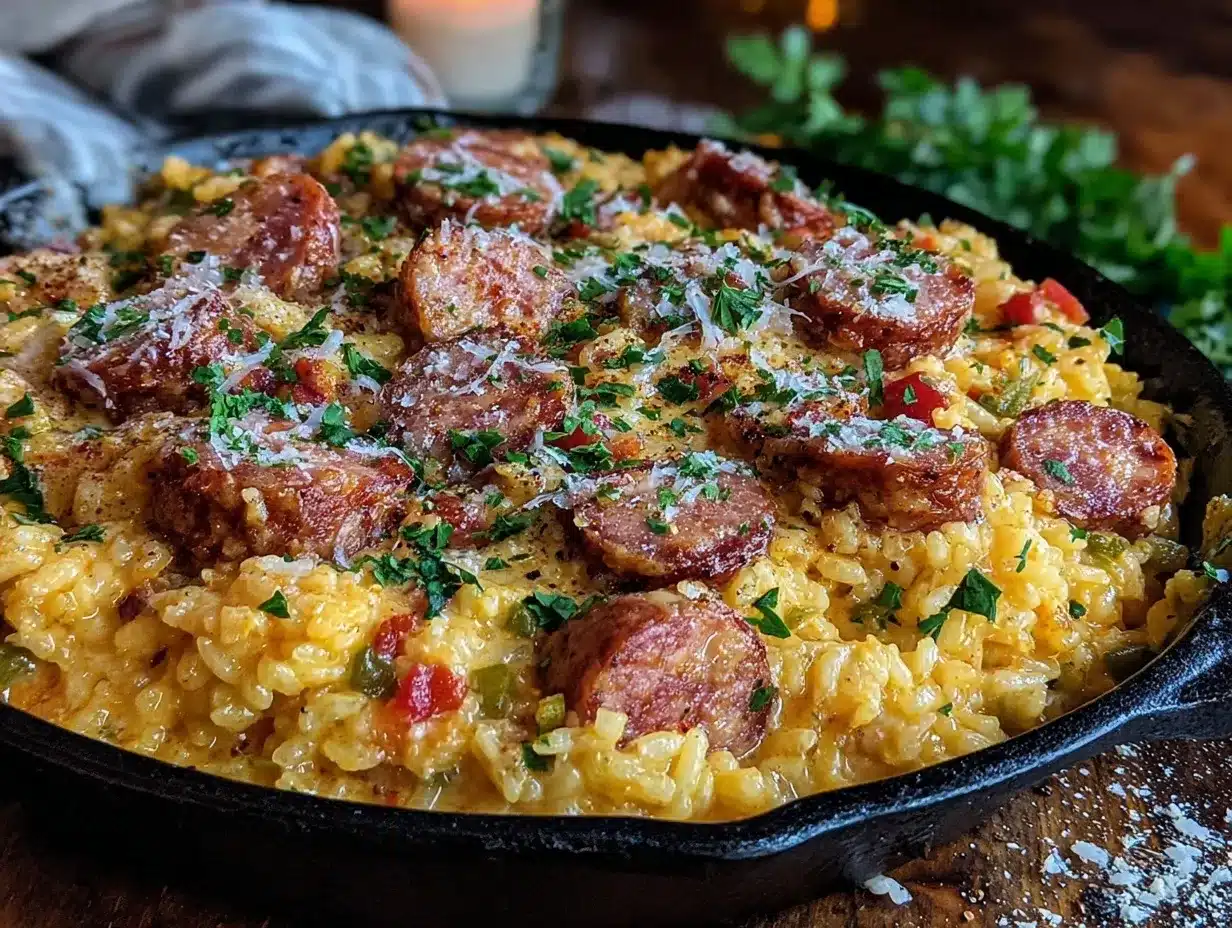 creamy one-skillet cajun sausage and rice dinner preparation steps