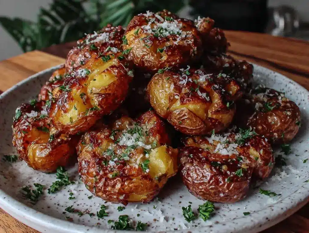 crispy air fryer garlic parmesan smashed baby potatoes - featured image