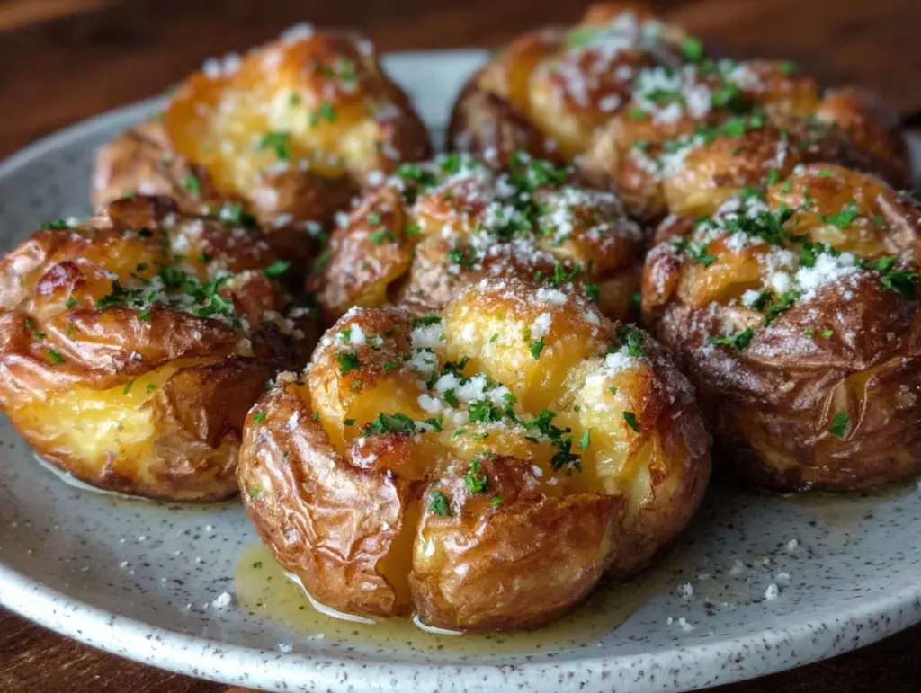crispy garlic butter parmesan smashed potatoes - featured image