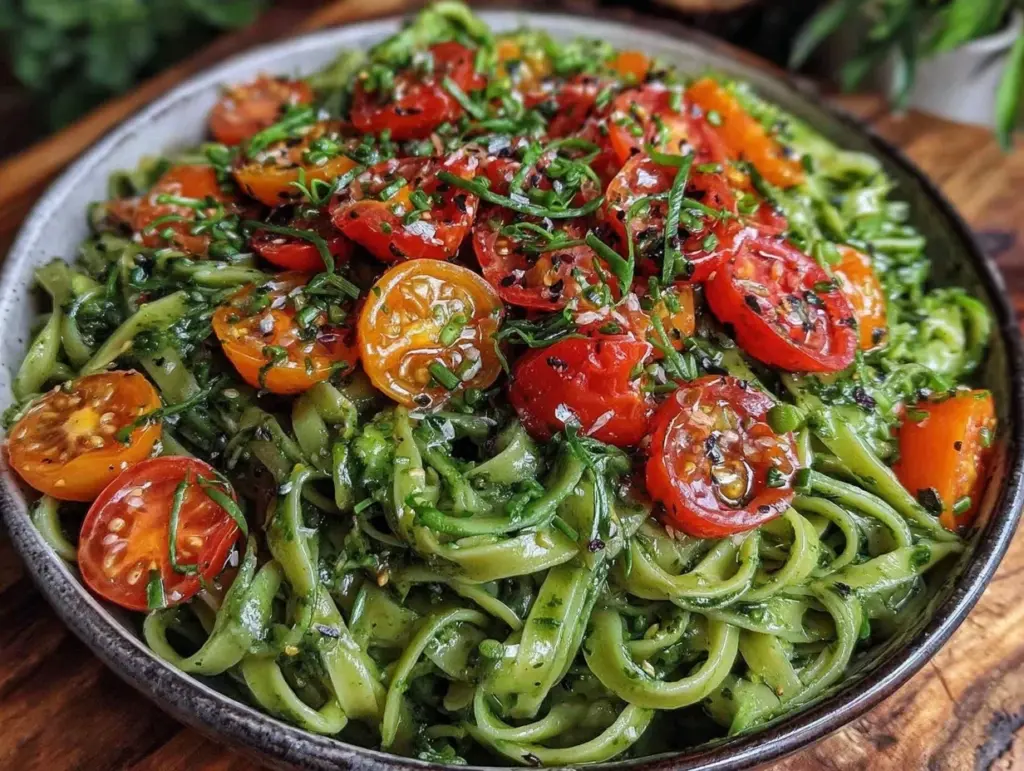 fresh garlic scapes pesto linguine - featured image