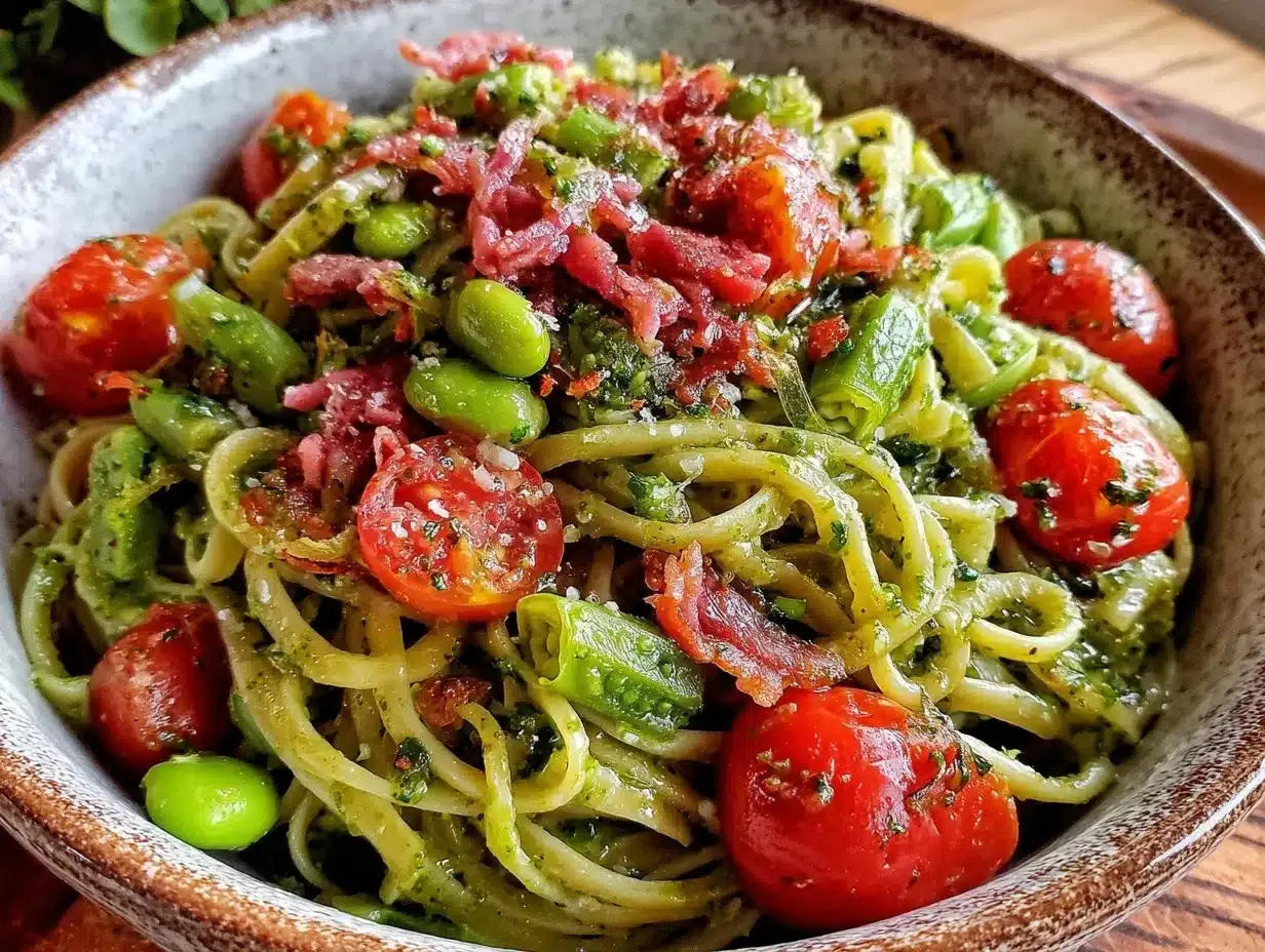 fresh garlic scapes pesto linguine preparation steps