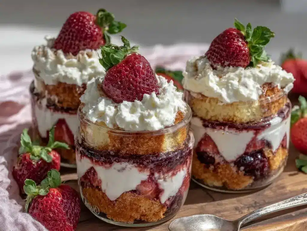 mini strawberry shortcake mason jar trifles - featured image