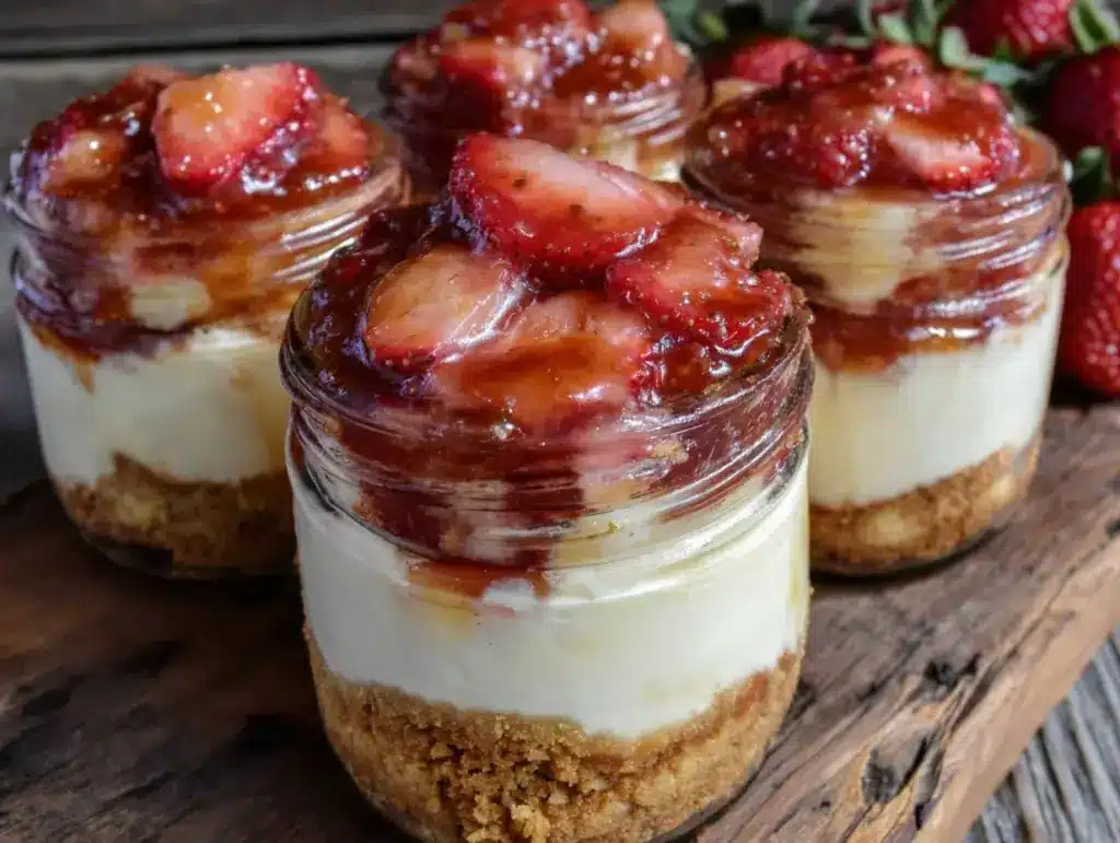 no-bake strawberry cheesecake jars - featured image
