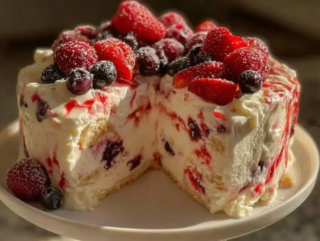 no-churn strawberry blueberry swirl ice cream cake - featured image