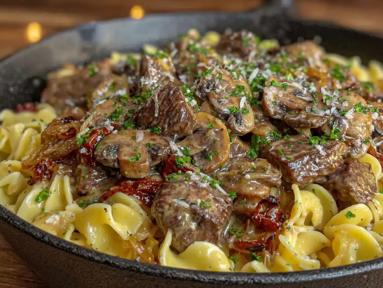 quick creamy two-person beef stroganoff skillet preparation steps