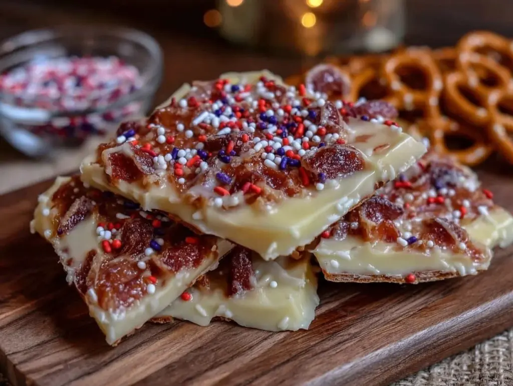 red white and blue pretzel bark - featured image
