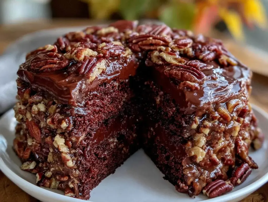 chocolate bourbon pecan layer cake - featured image