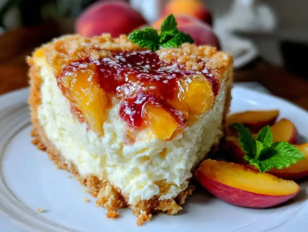 creamy peach cobbler cheesecake - featured image