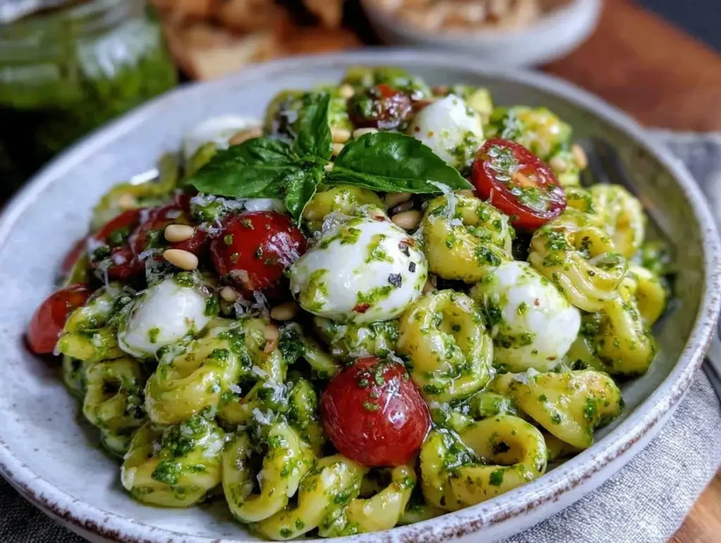 fresh cold pesto pasta salad - featured image