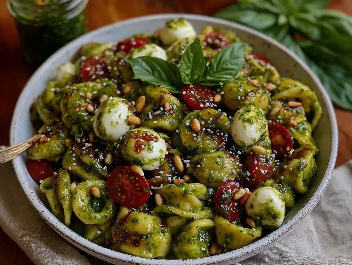 fresh cold pesto pasta salad preparation steps