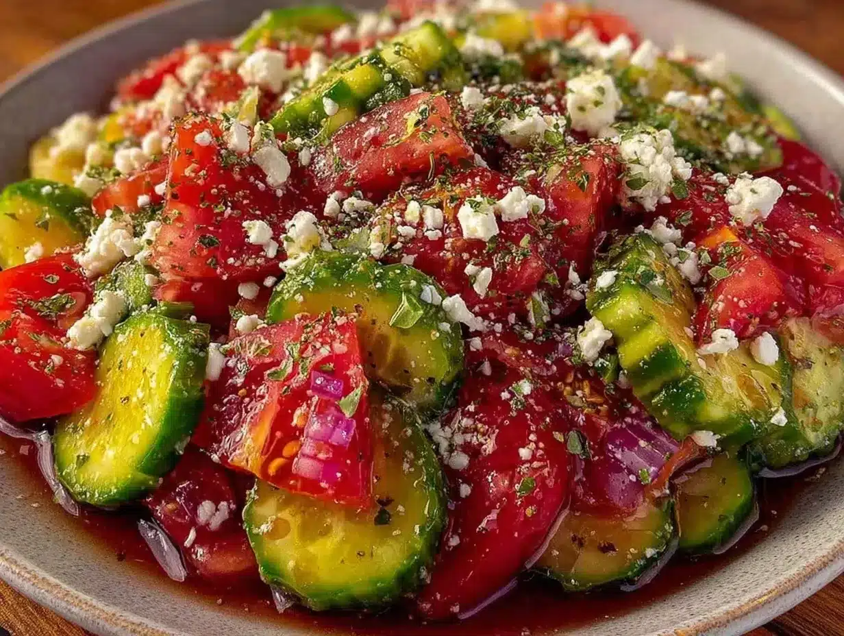 fresh cucumber tomato feta salad preparation steps