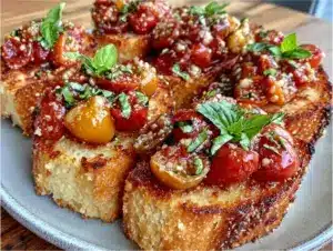 fresh heirloom tomato basil bruschetta - featured image