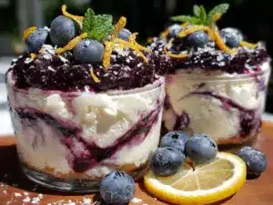 no bake lemon blueberry cheesecake cups - featured image