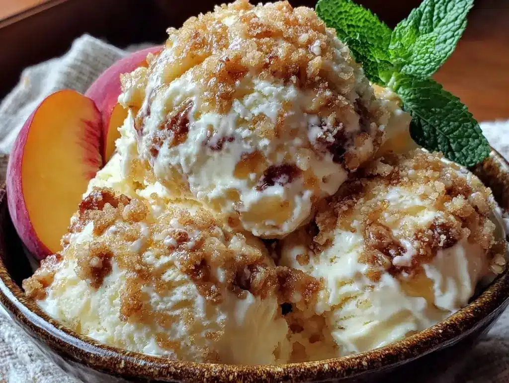 no-churn peach cobbler ice cream - featured image