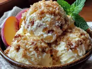 no-churn peach cobbler ice cream - featured image