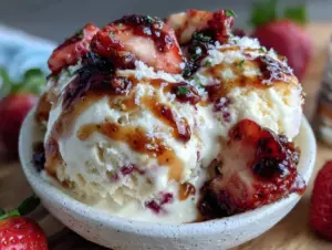 no-churn roasted strawberry balsamic ice cream - featured image