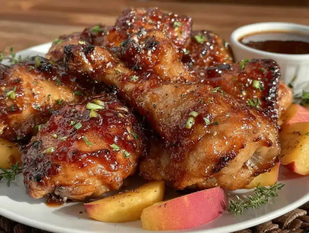 peach bourbon bbq chicken drumsticks - featured image