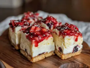 red white and blue layered cheesecake bars - featured image