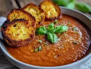 creamy roasted tomato basil soup - featured image