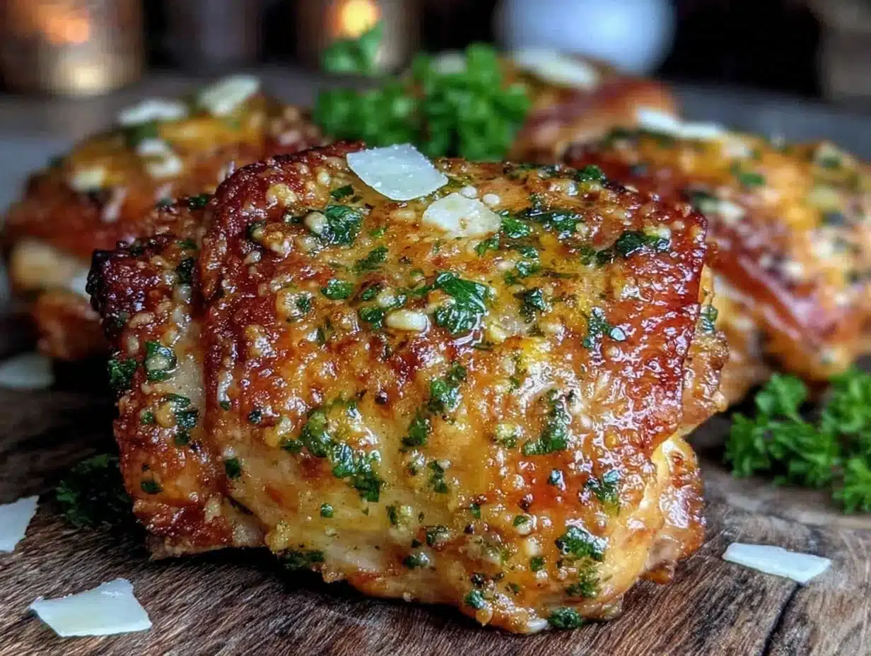 crispy garlic parmesan air fryer chicken thighs - featured image