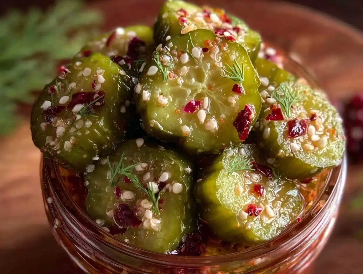 easy spicy garlic refrigerator dill pickles - featured image