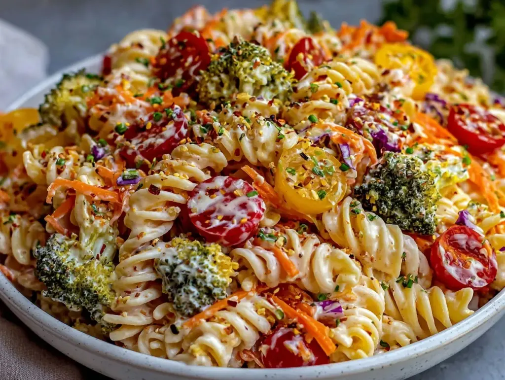 fresh rainbow veggie pasta salad - featured image