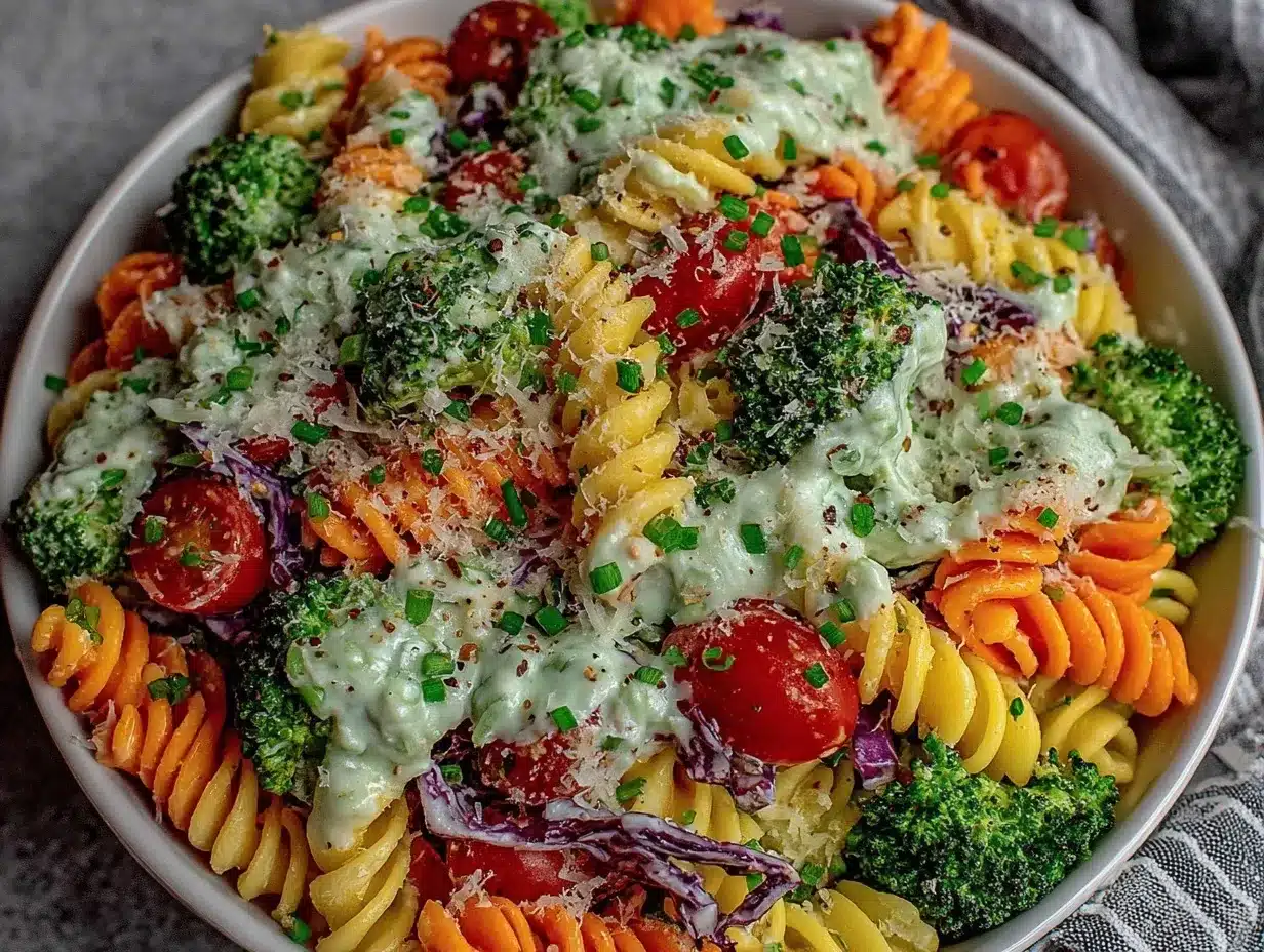 fresh rainbow veggie pasta salad preparation steps