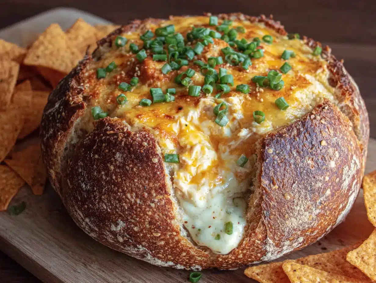buffalo chicken dip stuffed bread bowl preparation steps