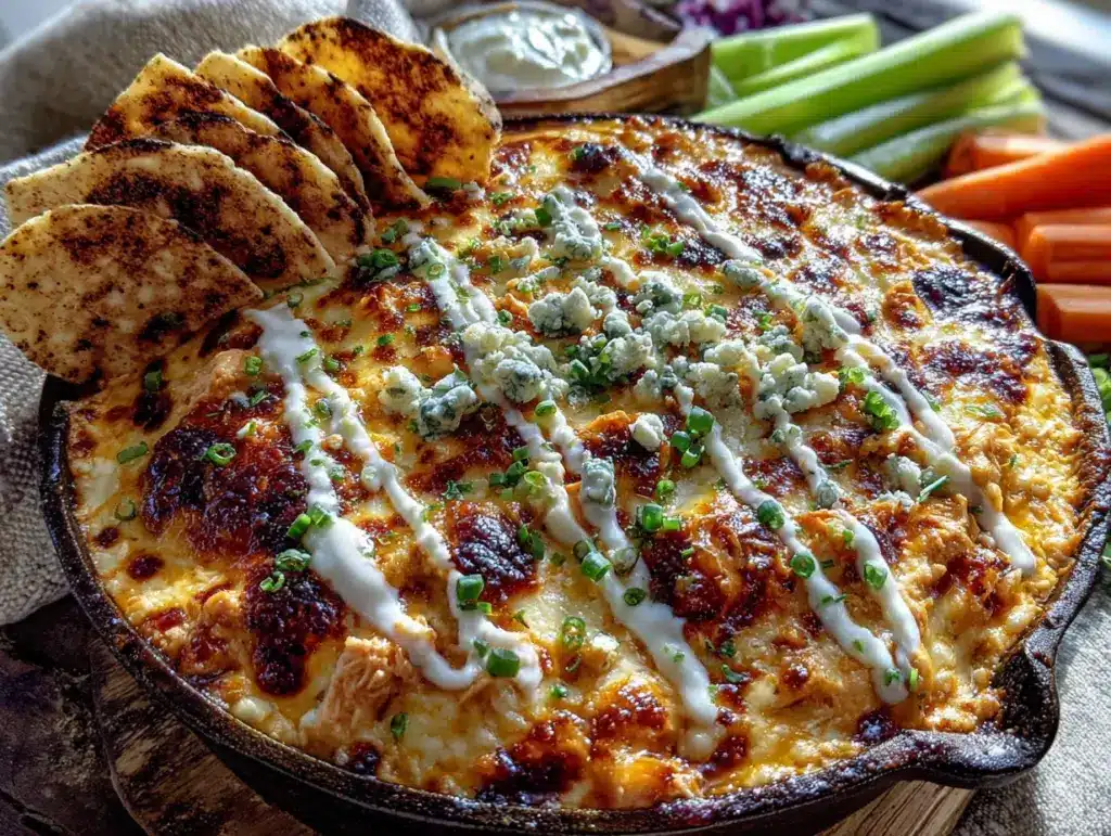 creamy loaded buffalo chicken dip with ranch drizzle - featured image
